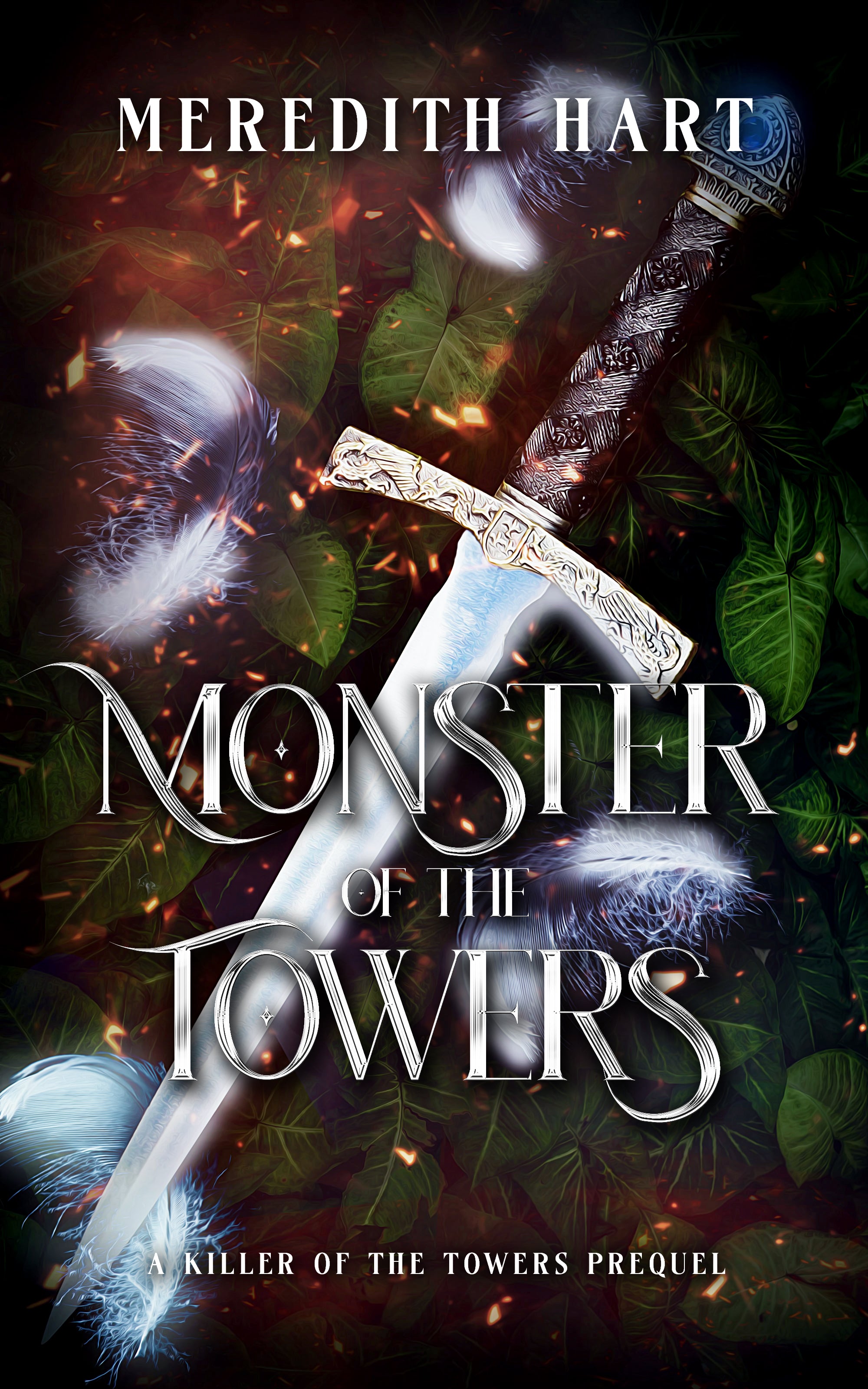 Book cover for free fantasy romance prequel novella showing a dagger, leaves, and sparks. Pytr and Liv's reunion story by Meredith Hart.